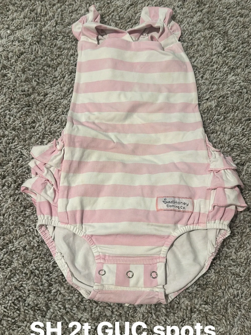 SweetHoney Pink and White Striped Ruffle One-Piece Bubble Romper